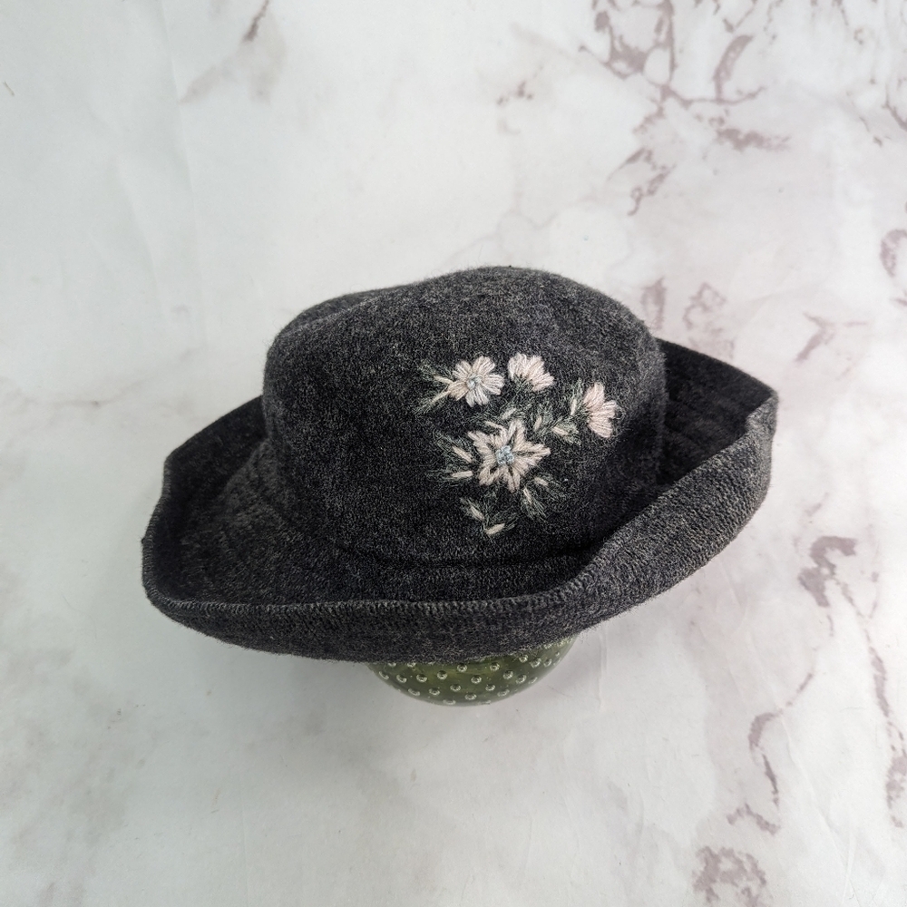 Vintage Hat Bucket Womens Gray Floppy Felted Embroidered Floral Pink